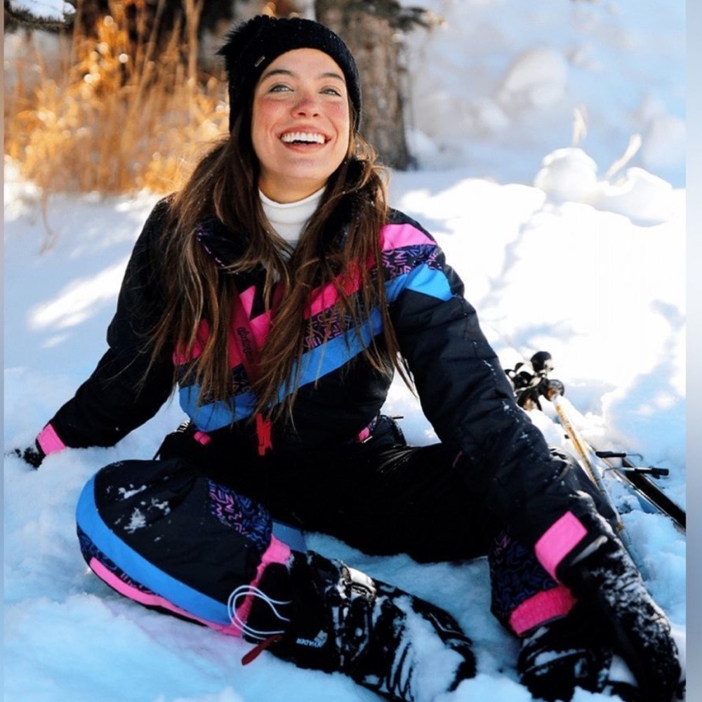 Tipsy Elves Womens Ski Suit Size Small EUC Black Pink Blue Waterproof